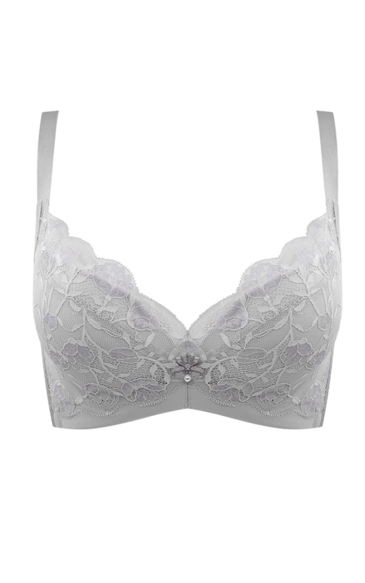 Grey lace bra with floral design, shown on a white background.