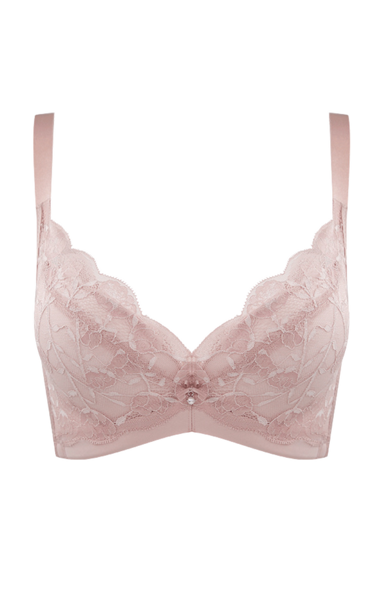 Pink lace bra with floral design, displayed on a plain background.