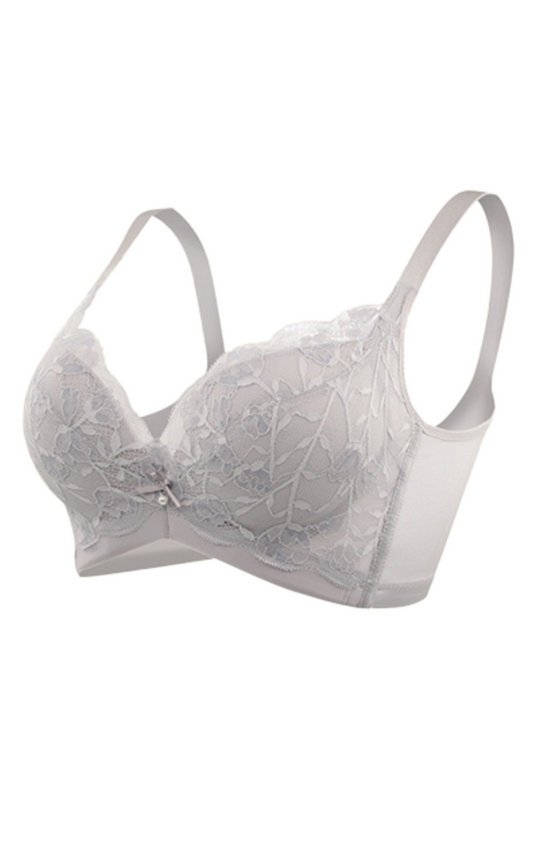Light grey lace bra with floral patterns, displayed on a plain background.