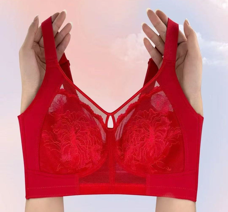 Front view of red seamless wireless contour bra with 360-degree slimming wrap