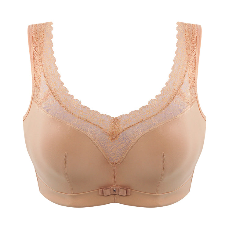 Beige full-coverage bra with lace accents and seamless design displayed on a mannequin, highlighting the deep V-neck shape.