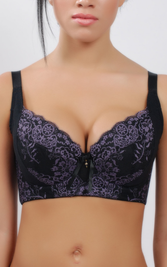 Black Floral Lace Padded Bra – Front view showcasing a seamless push-up effect with wide straps for support.