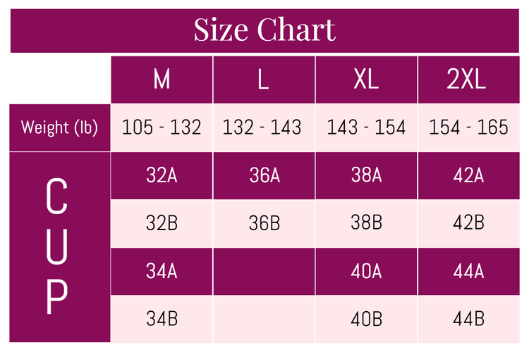 Size chart showing cup sizes and corresponding measurements.