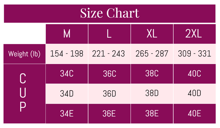 Size chart for the wireless minimizer bra, displaying sizes in inches.