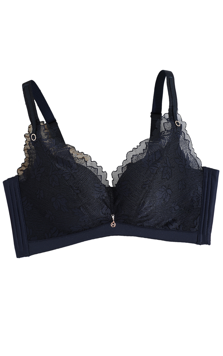 Black wireless bra with floral embroidery, shown from the front, highlighting the molded soft cup structure.