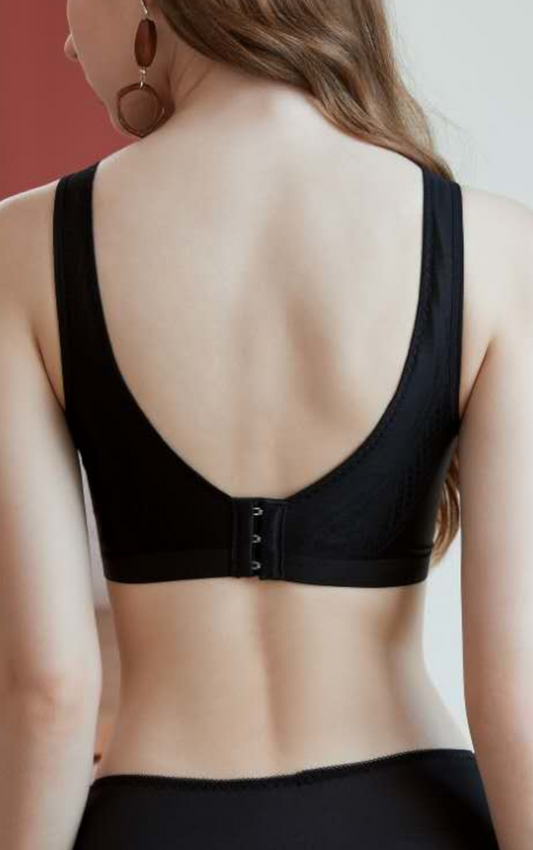 Back view of the Satin Grace Thin Cup Wireless No-Bulge Bra in black, highlighting the wide back smoothening sidebands.
