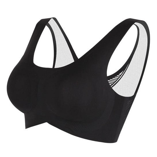 Black seamless wireless push-up bra, showing the smooth, soft fabric and wide, supportive straps designed for comfort without underwire or closures.