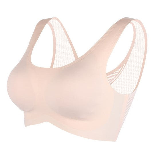 Side view of a beige wireless push-up bra, emphasizing the seamless construction, breathable fabric, and comfortable fit for all-day wear.