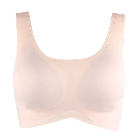 Beige wireless push-up bra on display, showcasing the smooth, seamless design and wide straps for comfort and gentle, natural shaping.
