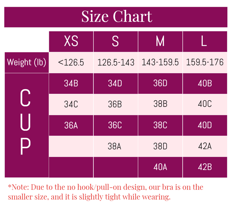 Size chart for the wireless push-up bra, showing measurements for various cup sizes to help customers find their perfect fit for optimal comfort and support.