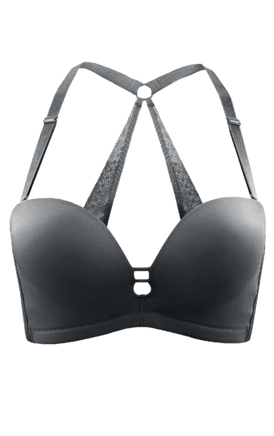 Black seamless push-up bra with multi-way straps arranged in a racerback style.