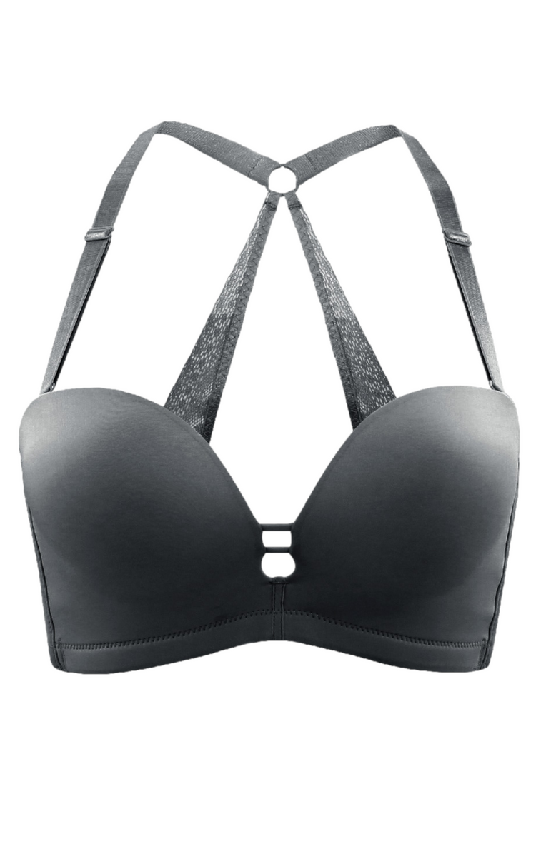 Black seamless push-up bra with multi-way straps arranged in a racerback style.