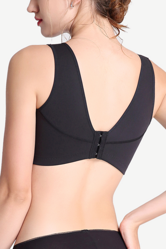 Back view of a black full-coverage wireless sports bra featuring a deep V-back design for enhanced airflow.