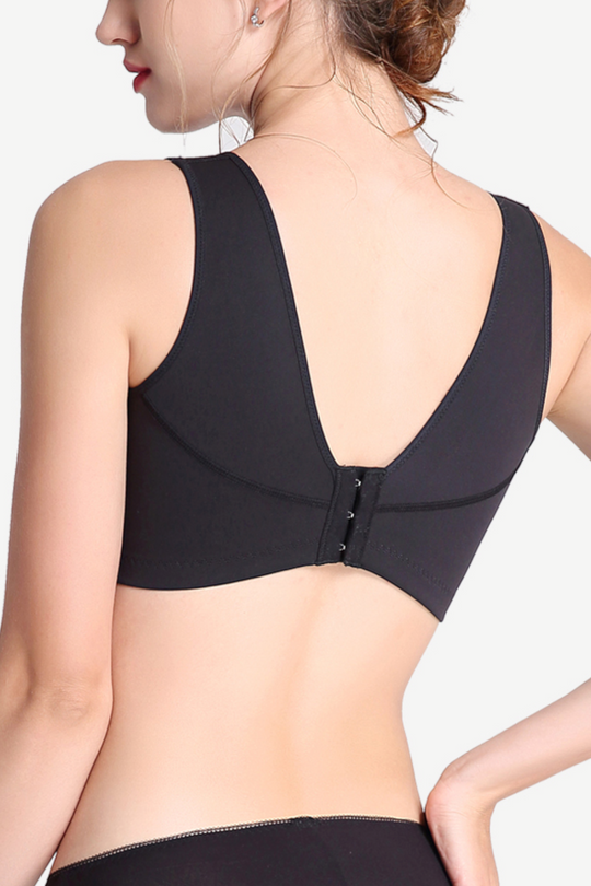 Back view of a black full-coverage wireless sports bra featuring a deep V-back design for enhanced airflow.