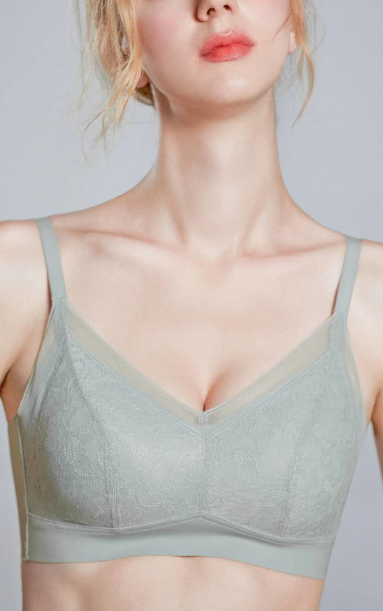 Model in a gray wireless bra with floral lace accents and breathable fabric cups.