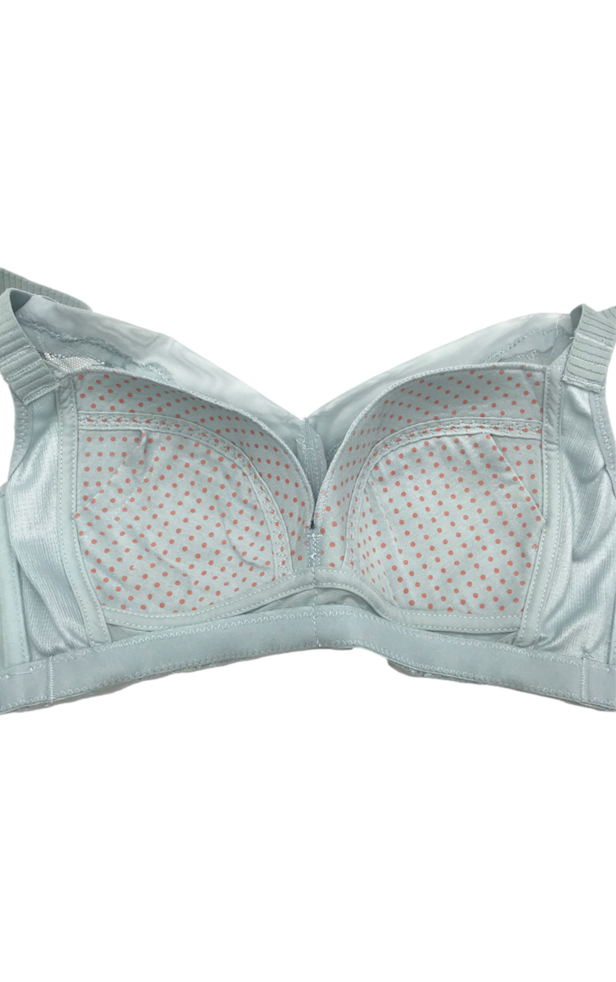 Close-up of blue wireless minimizer contour bra cups showing intricate floral lace pattern