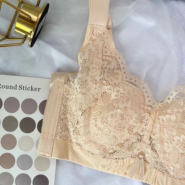 A close-up view of a beige lace bra, highlighting the floral lace design and lightweight, breathable material.