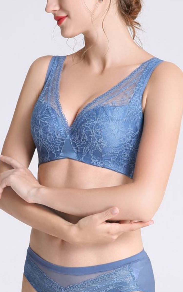 Angled side view of a lace underwire contour bra, highlighting the seamless design and full coverage cups for shaping and support.