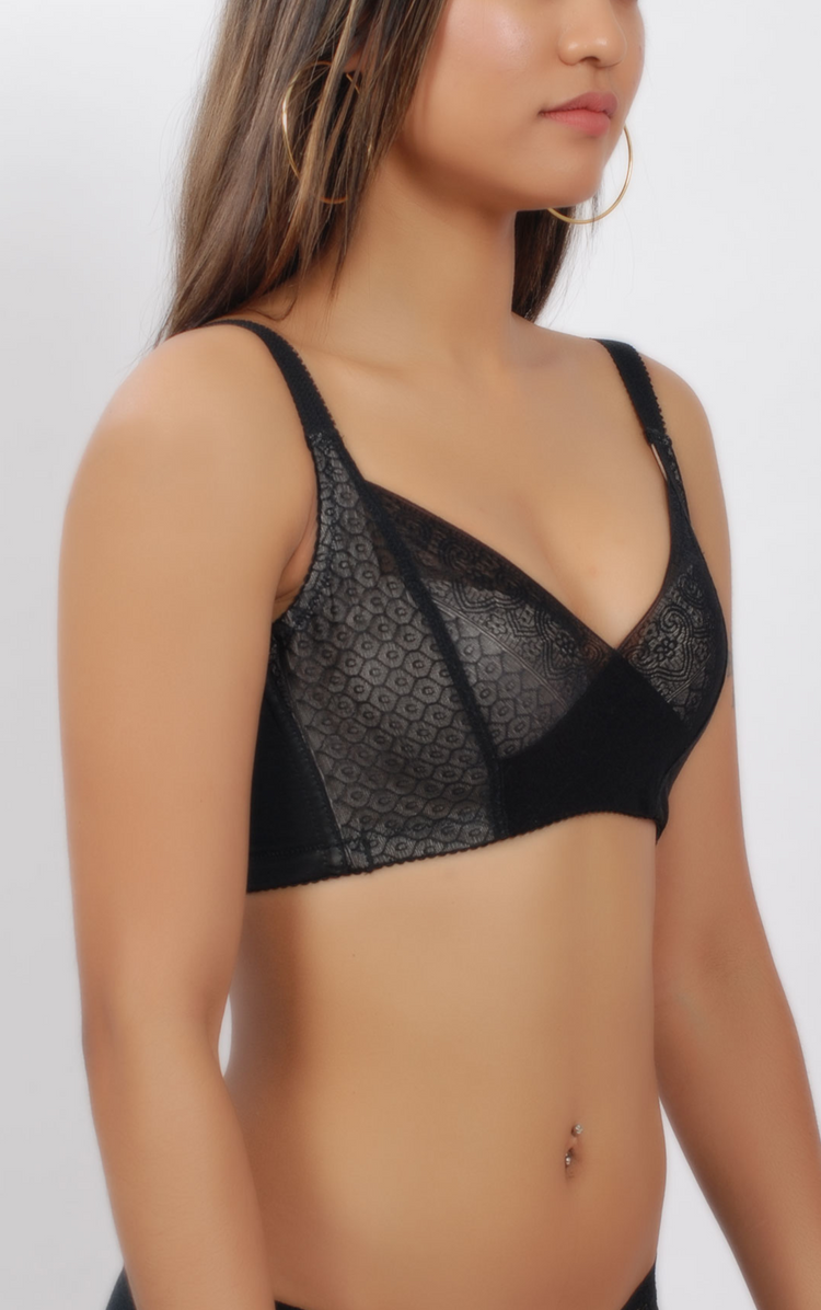 Side view of beige wireless minimizer contour bra showing wide side-smoothing bands