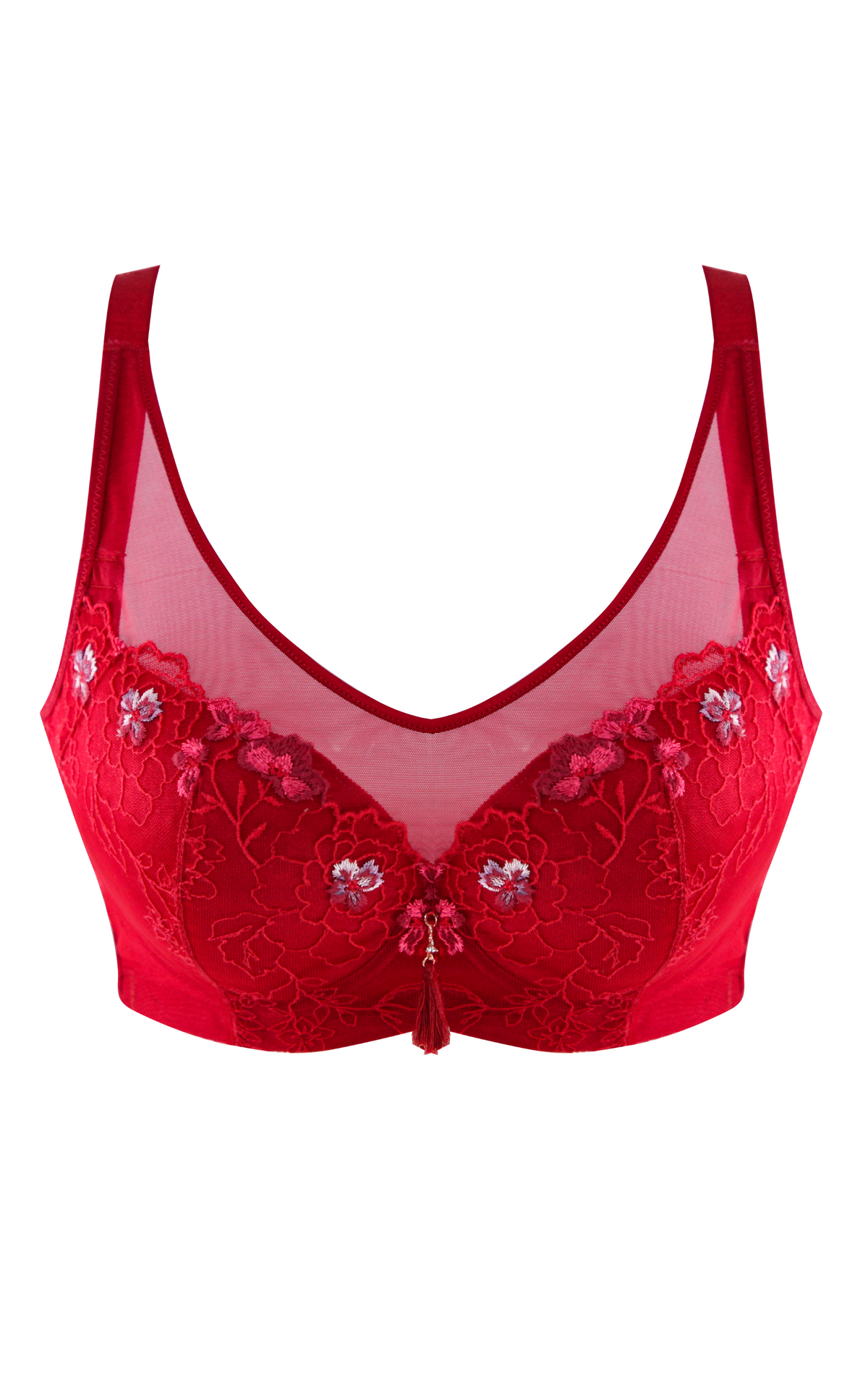 Flat lay of red floral cotton cup minimizer contour bra with elegant floral embroidery and mesh design