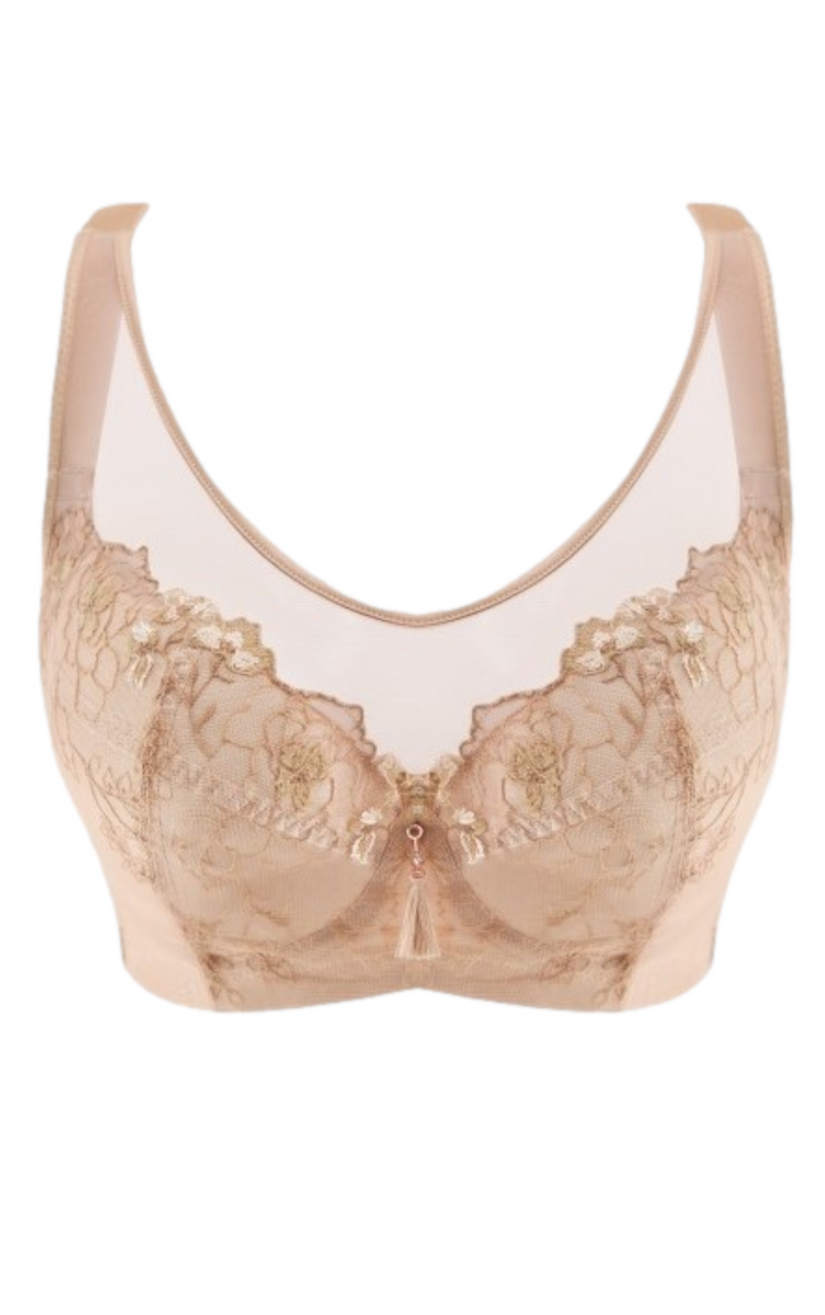Beige-colored contour bra with intricate floral embroidery, focusing on the bra's full coverage cups and mesh design.
