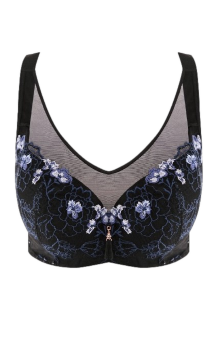 Black wireless contour bra with floral accents, emphasizing the smooth silhouette and breathable material.