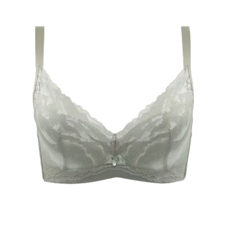 Green full coverage breathable cotton lace bra displayed flat.
