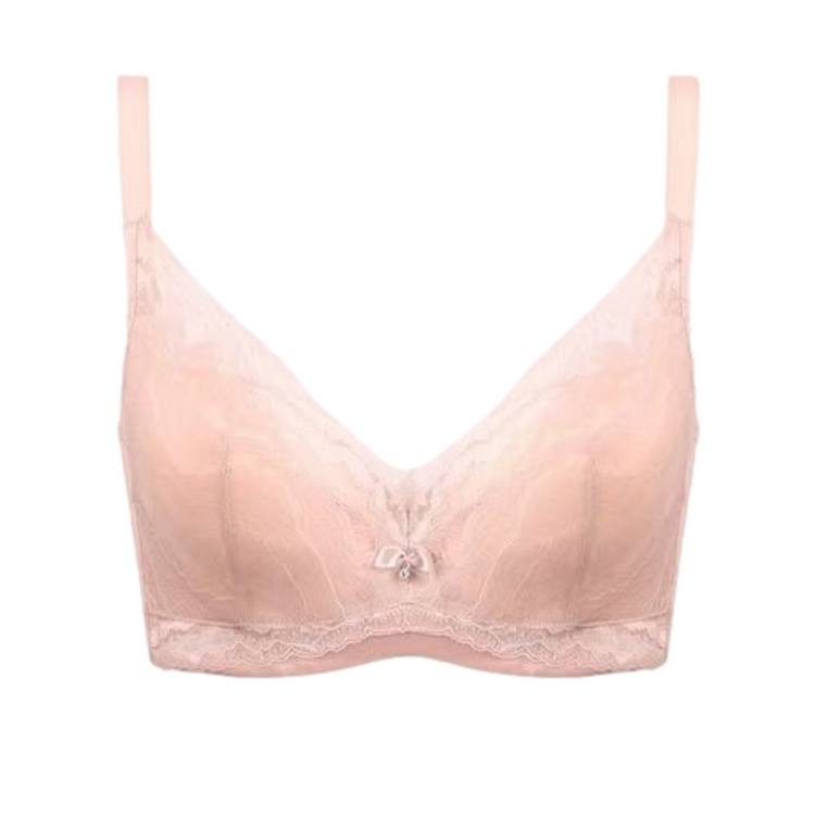 Beige full coverage breathable cotton lace bra displayed flat.