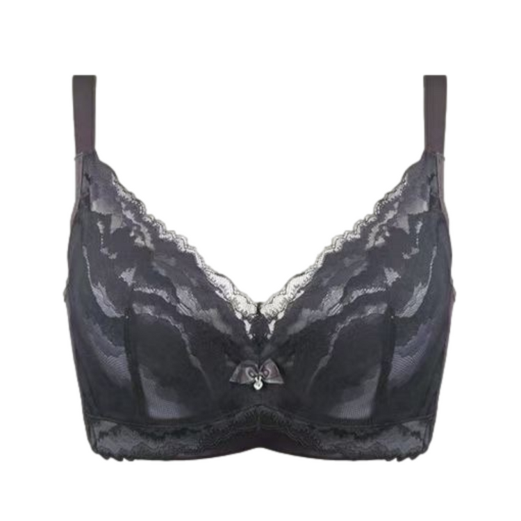 Dark gray full coverage breathable cotton lace bra displayed flat.