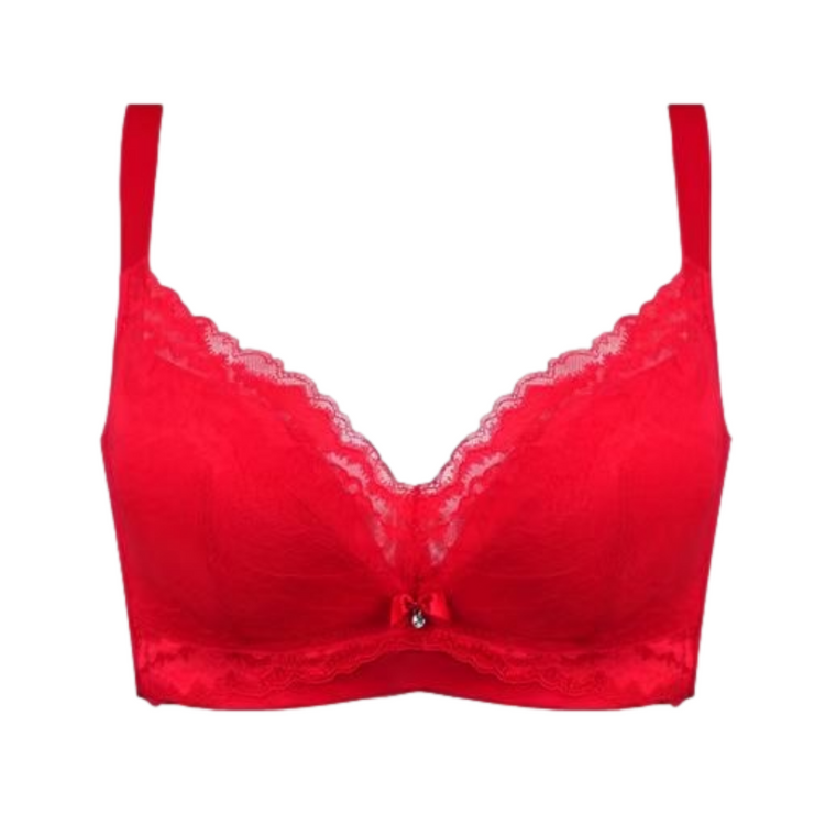Red full coverage breathable cotton lace bra displayed flat.
