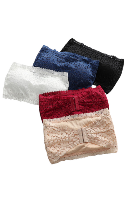 Close-up of five lace wireless tube top bras in blue, black, white, red, and beige, arranged on a plain background, highlighting their intricate lace detail.