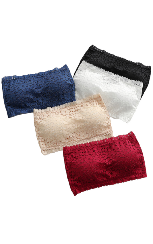 Assorted colors of lace wireless tube top bras in blue, black, white, beige, and red, arranged flat on a surface.