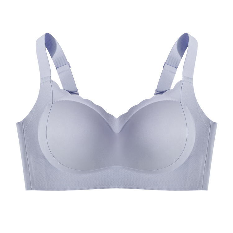A light gray wireless bra on a plain background, showing the bra's structure and design.