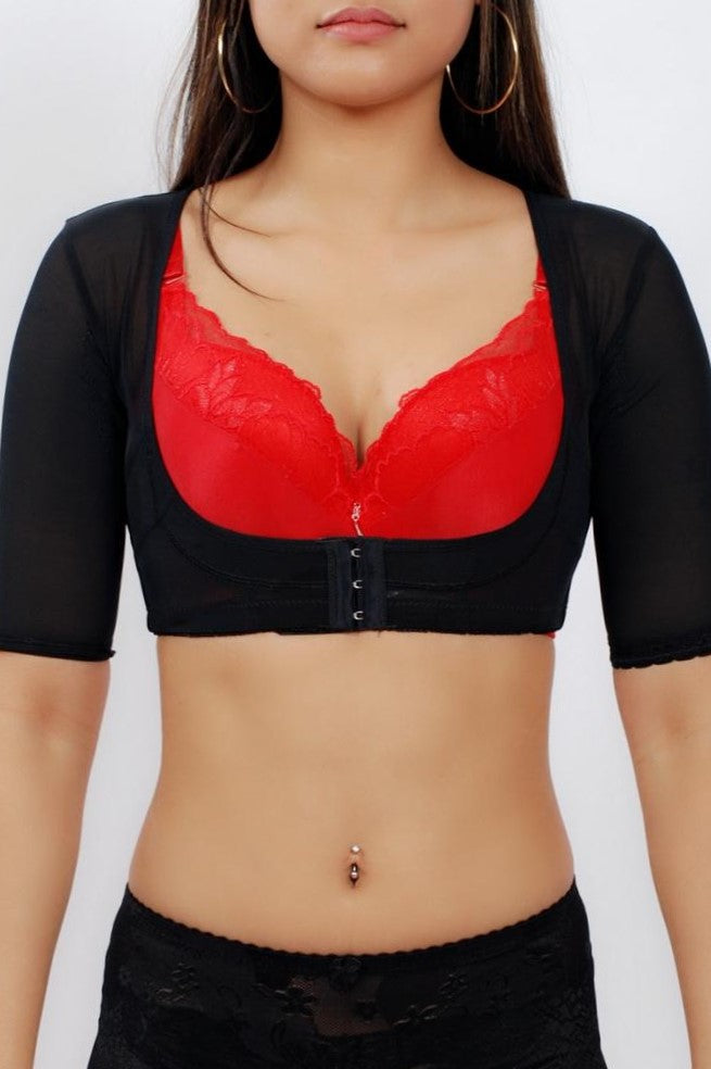 Side view of beige arm shaper crop top shapewear with back posture support