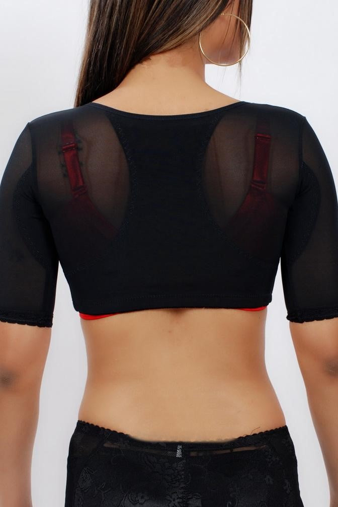 Front view of black posture corrector arm shaper shapewear with elbow-length sleeves