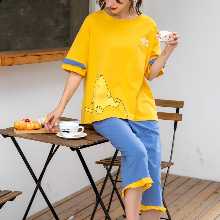 Oversized Cute Cat Graphic Tee with Ruffle Trimmings Pajamas #72126