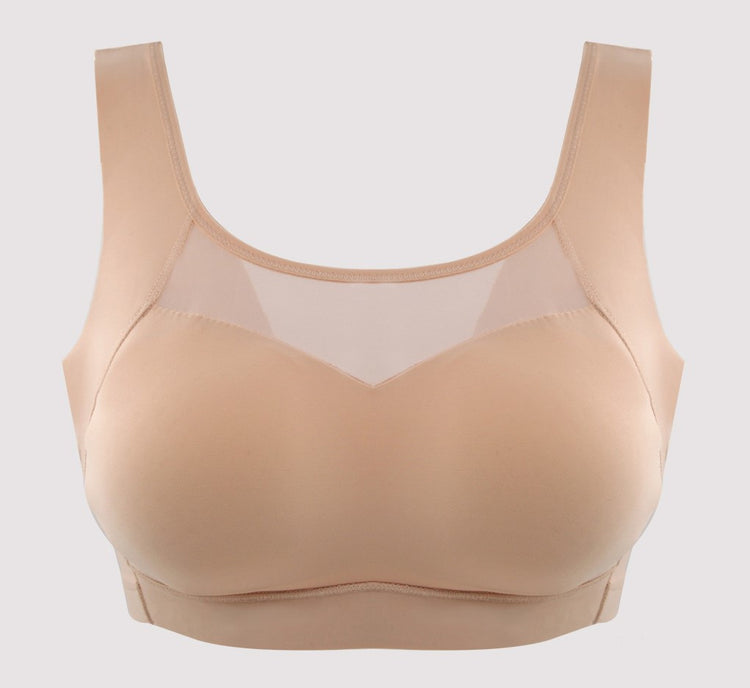Close-up of a beige wireless full-coverage bra, ideal for everyday comfort and gentle support.