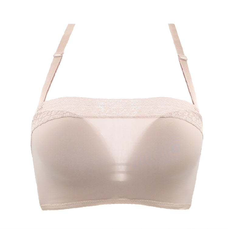 Beige seamless push-up bra with a removable lace bandeau, featuring adjustable straps. Designed to offer a natural lift with a smooth, seamless finish under clothes, ideal for multi-way styling.