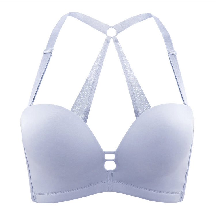 Blue multi-way push-up bra with adjustable racerback straps and breathable fabric. Perfect for wearing under racerback tops or with strapless styling.