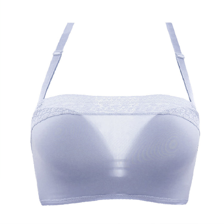 Blue seamless push-up bra with a removable lace bandeau, featuring adjustable straps for multi-way wear. Designed for natural lift and invisible support under clothes.