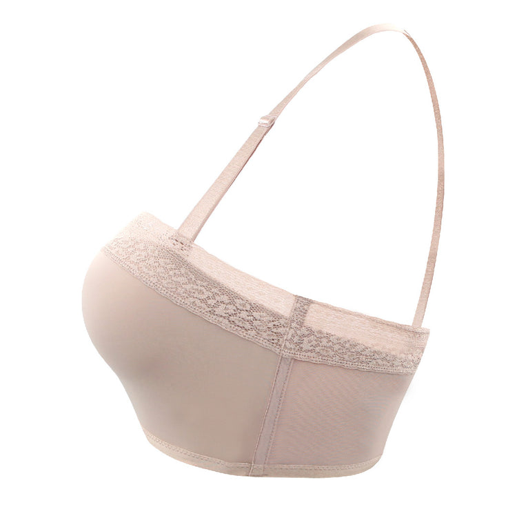 Side view of a beige bra showcasing ergonomic mold cups and seamless edges.