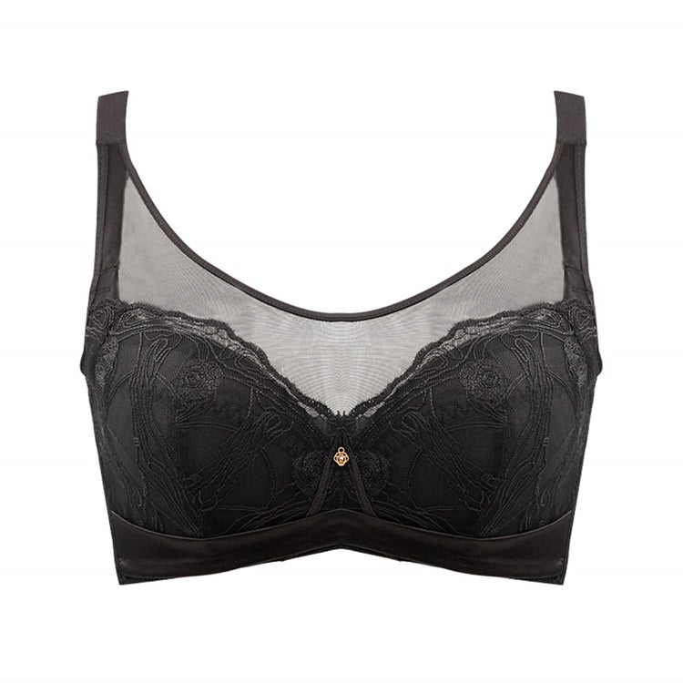 Black breathable lace full cup bra with wide straps and a smoothing back design.