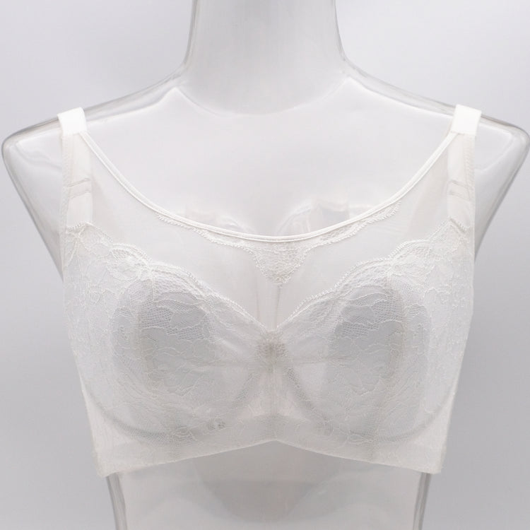 White wireless contour bra displayed on a mannequin – showing the intricate lace details and comfortable thin cups.