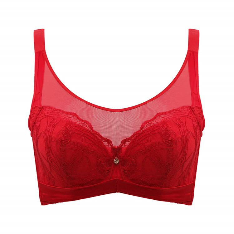 Red breathable lace full cup bra with wide straps and elegant embroidery.