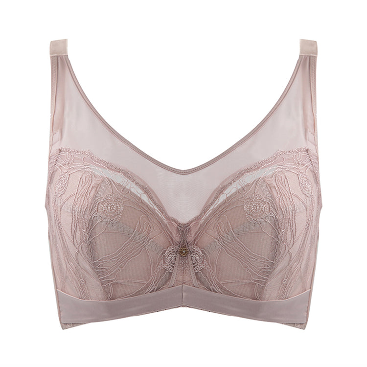 Beige breathable lace full cup bra with wide straps and seamless design.