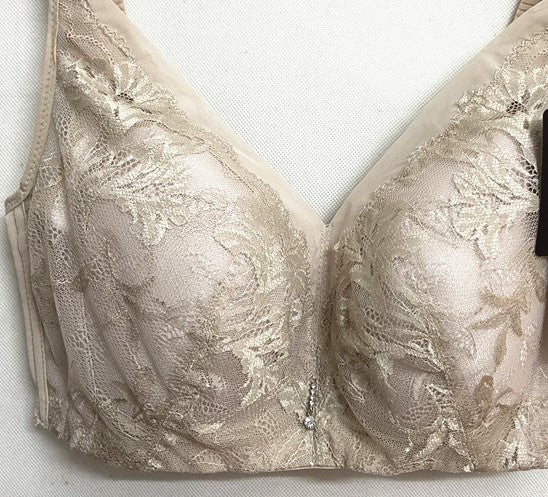 Beige Bra Front View – A beige full-coverage wireless bra with wide straps and lace detailing, offering a comfortable fit.