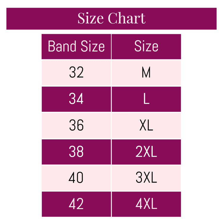 Size chart for the Simply Sweetheart Wireless Bra with band sizes and corresponding sizes