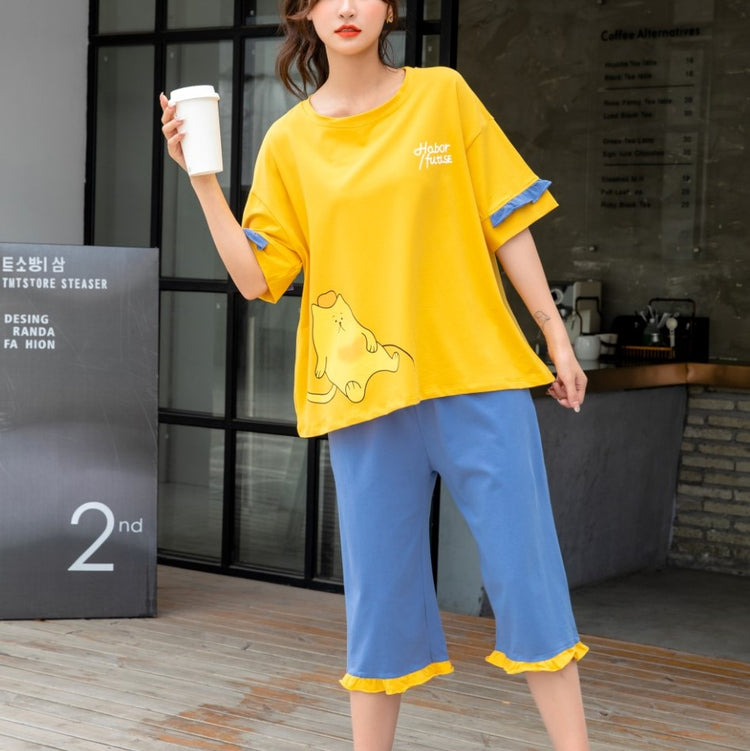 Oversized Cute Cat Graphic Tee with Ruffle Trimmings Pajamas #72126
