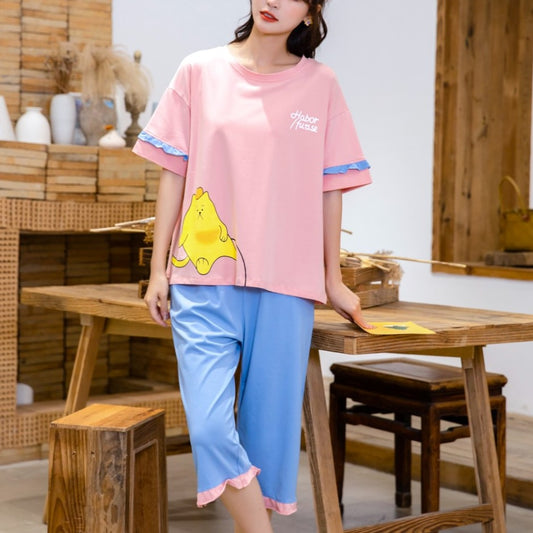 Oversized Cute Cat Graphic Tee with Ruffle Trimmings Pajamas #72126