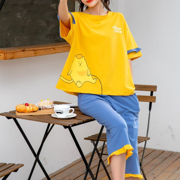 Oversized Cute Cat Graphic Tee with Ruffle Trimmings Pajamas #72126